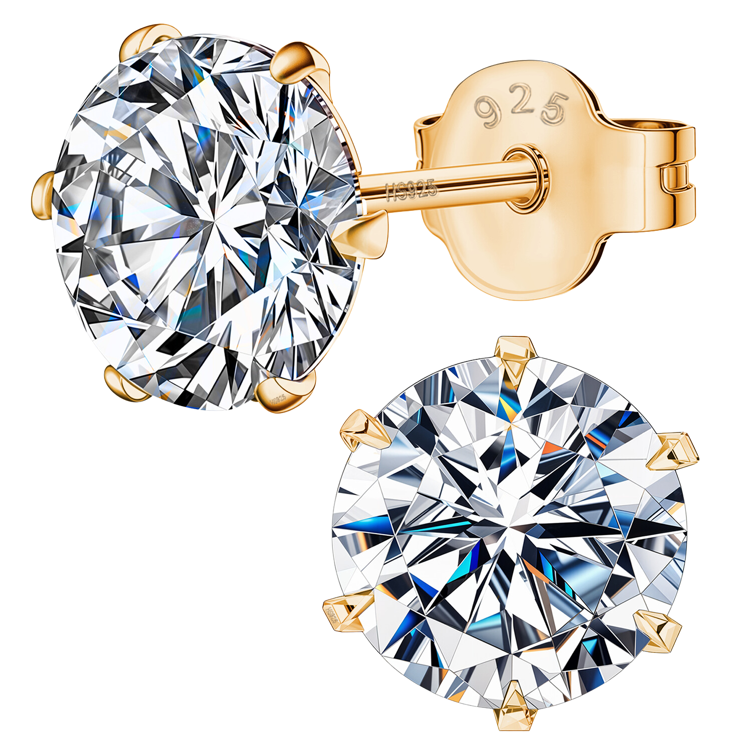 A pair of solitaire stud earrings with round brilliant-cut American diamonds in a six-prong setting, made from gold-plated sterling silver.