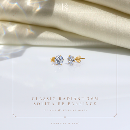Gold Simple Solitaire Stud Earrings - 92.5 Silver - Round Brilliant Zirconia Tops for everyday wear in 18K Gold Finish HighSpark
