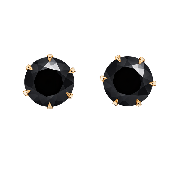 A pair of stud earrings with round-cut black stones set in six-prong, gold-plated sterling silver, shown on a white background.