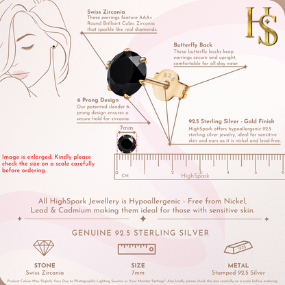 Gold Solitaire Black Round Stud Earrings - 92.5 Silver - Black Brilliant Zirconia Tops - 18k Gold Finish HighSpark