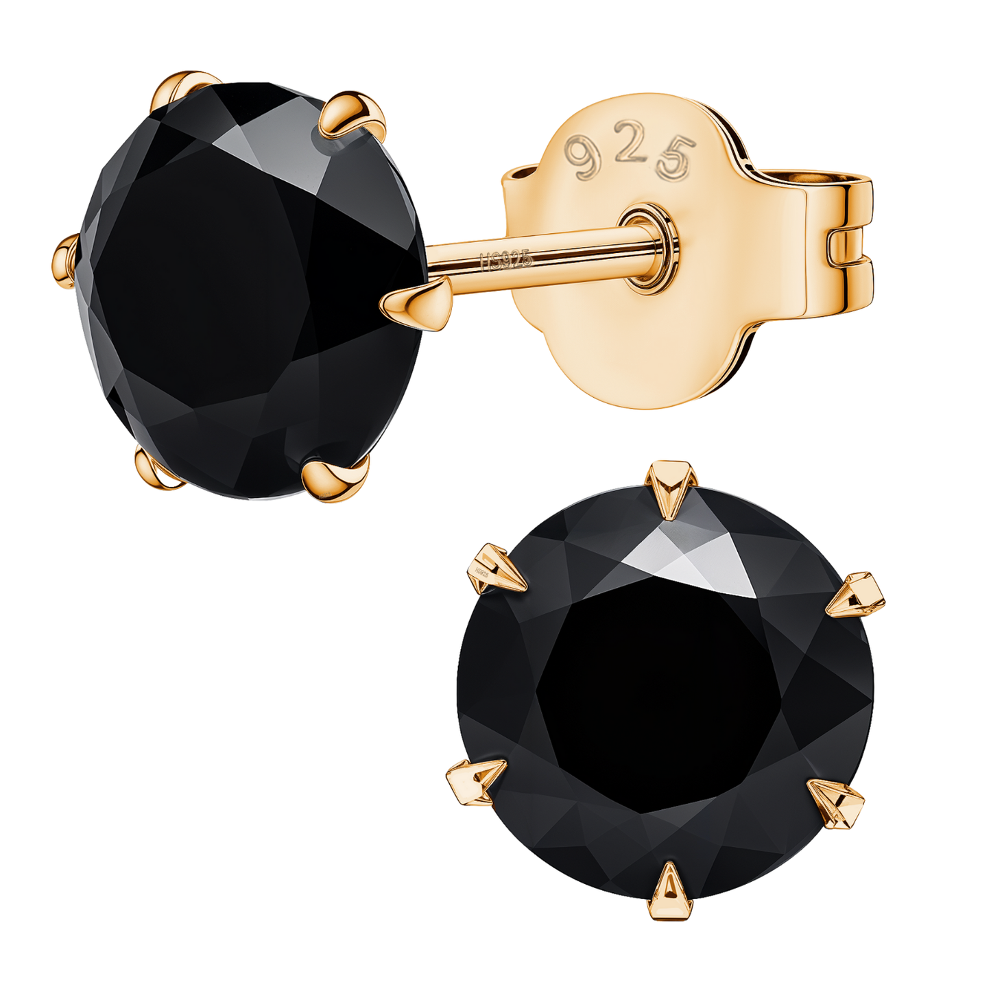 Gold Solitaire Black Round Stud Earrings - 92.5 Silver - Black Brilliant Zirconia Tops - 18k Gold Finish HighSpark
