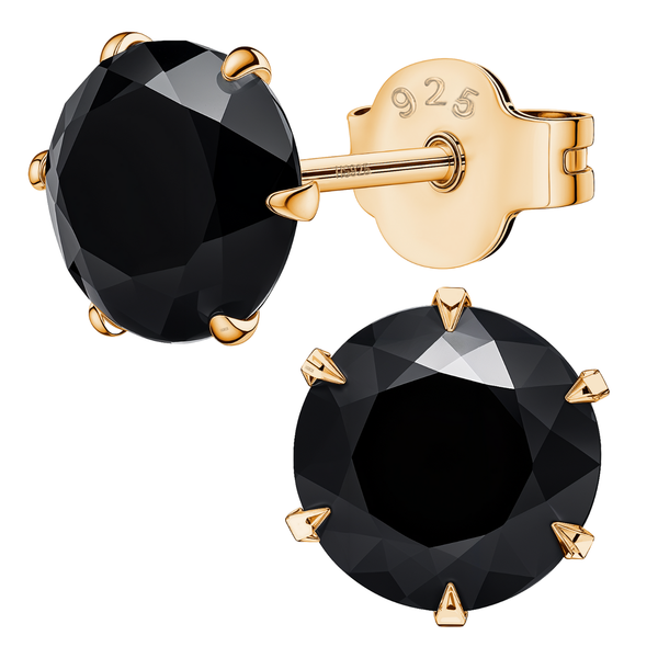 A pair of solitaire stud earrings with round-cut black American diamonds in a six-prong setting, made from gold-plated sterling silver.