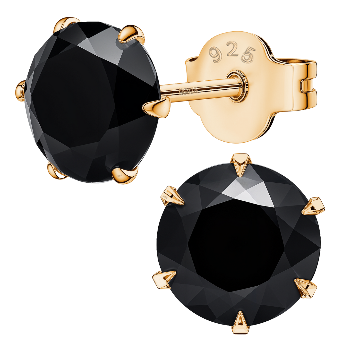 Gold Solitaire Black Round Stud Earrings - 92.5 Silver - Black Brilliant Zirconia Tops - 18k Gold Finish HighSpark