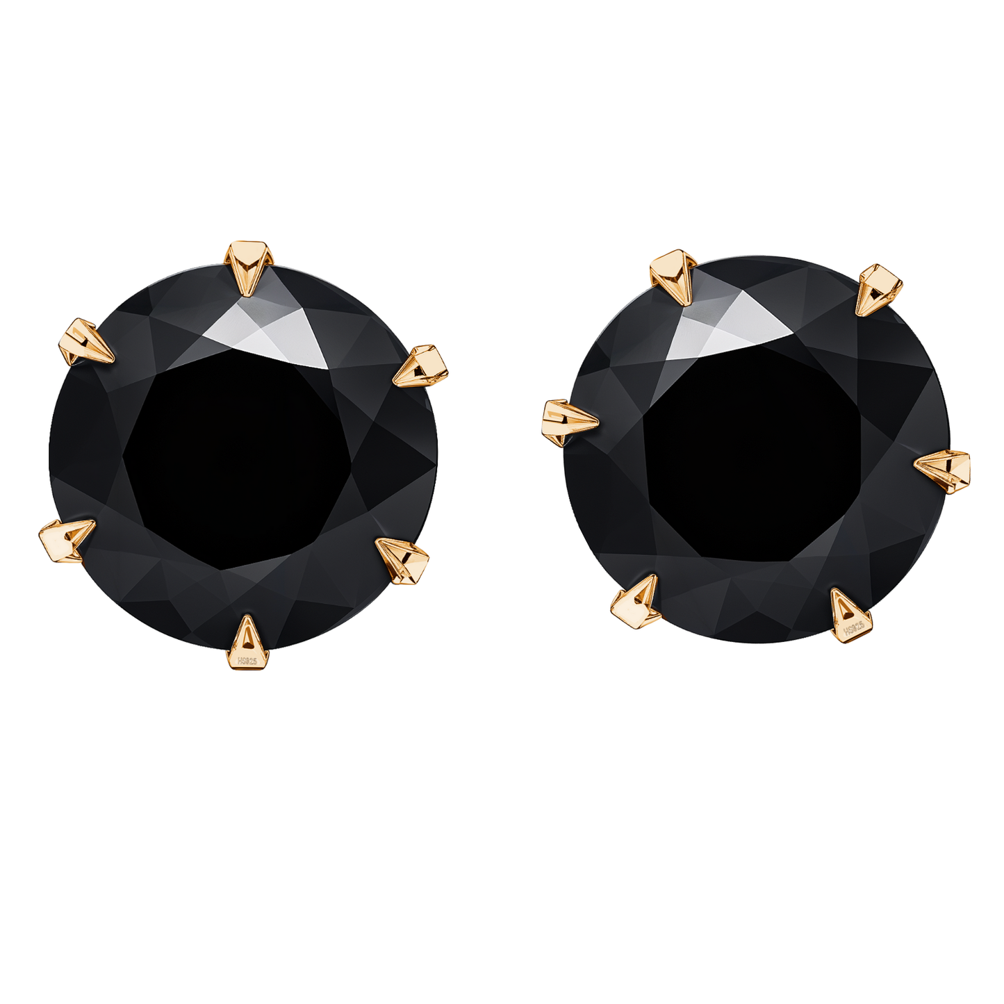 Gold Solitaire Black Round Stud Earrings - 92.5 Silver - Black Brilliant Zirconia Tops - 18k Gold Finish HighSpark