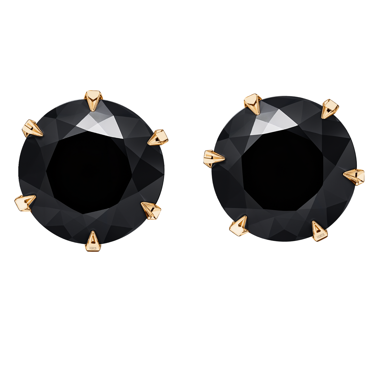 A pair of stud earrings with round, faceted black stones held in a six-prong setting with a gold-plated finish on a white background.