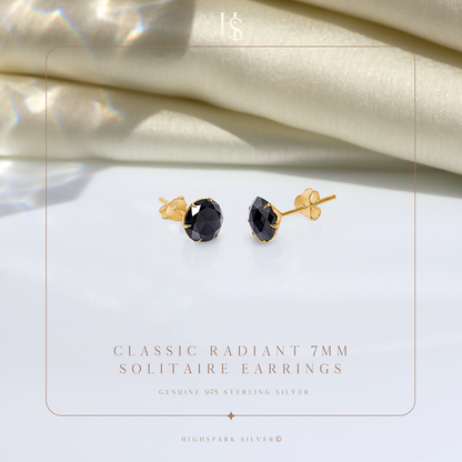 Gold Solitaire Black Round Stud Earrings - 92.5 Silver - Black Brilliant Zirconia Tops - 18k Gold Finish HighSpark