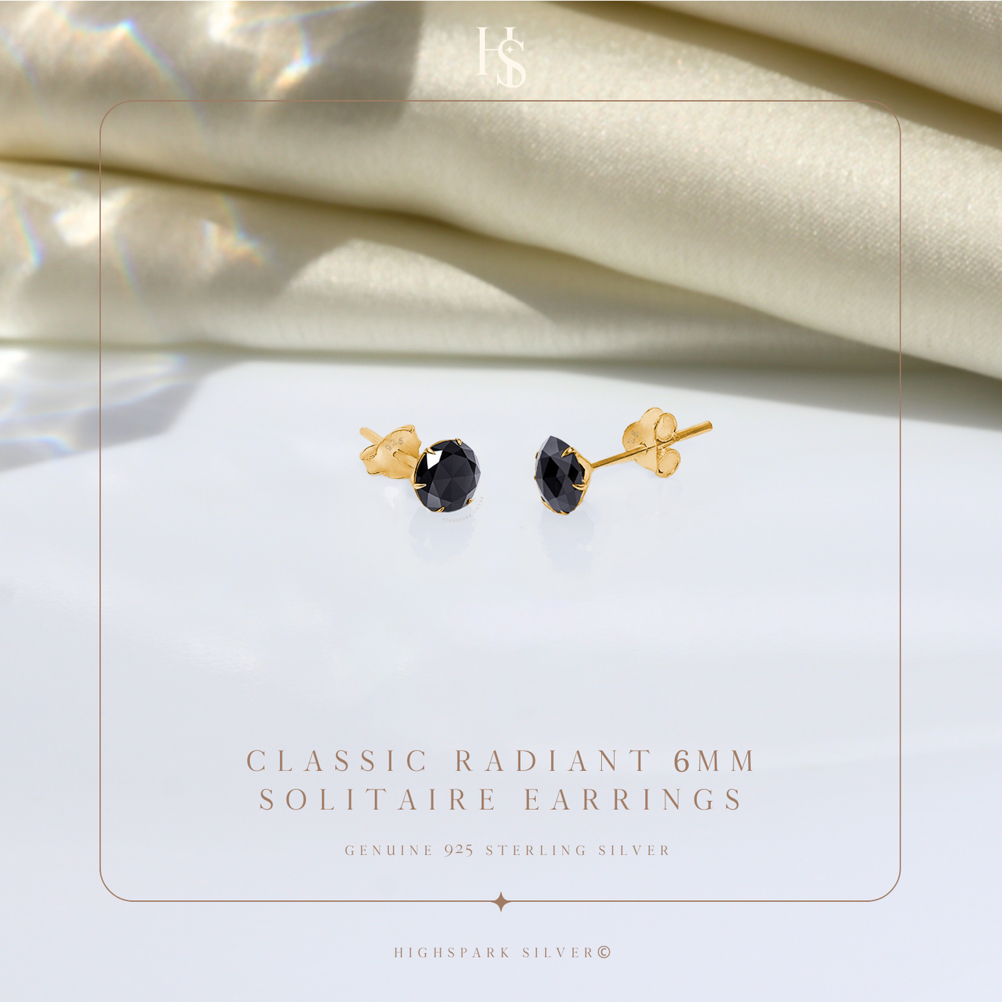 Gold Solitaire Black Round Stud Earrings - 92.5 Silver - Black Brilliant Zirconia Tops - 18k Gold Finish HighSpark
