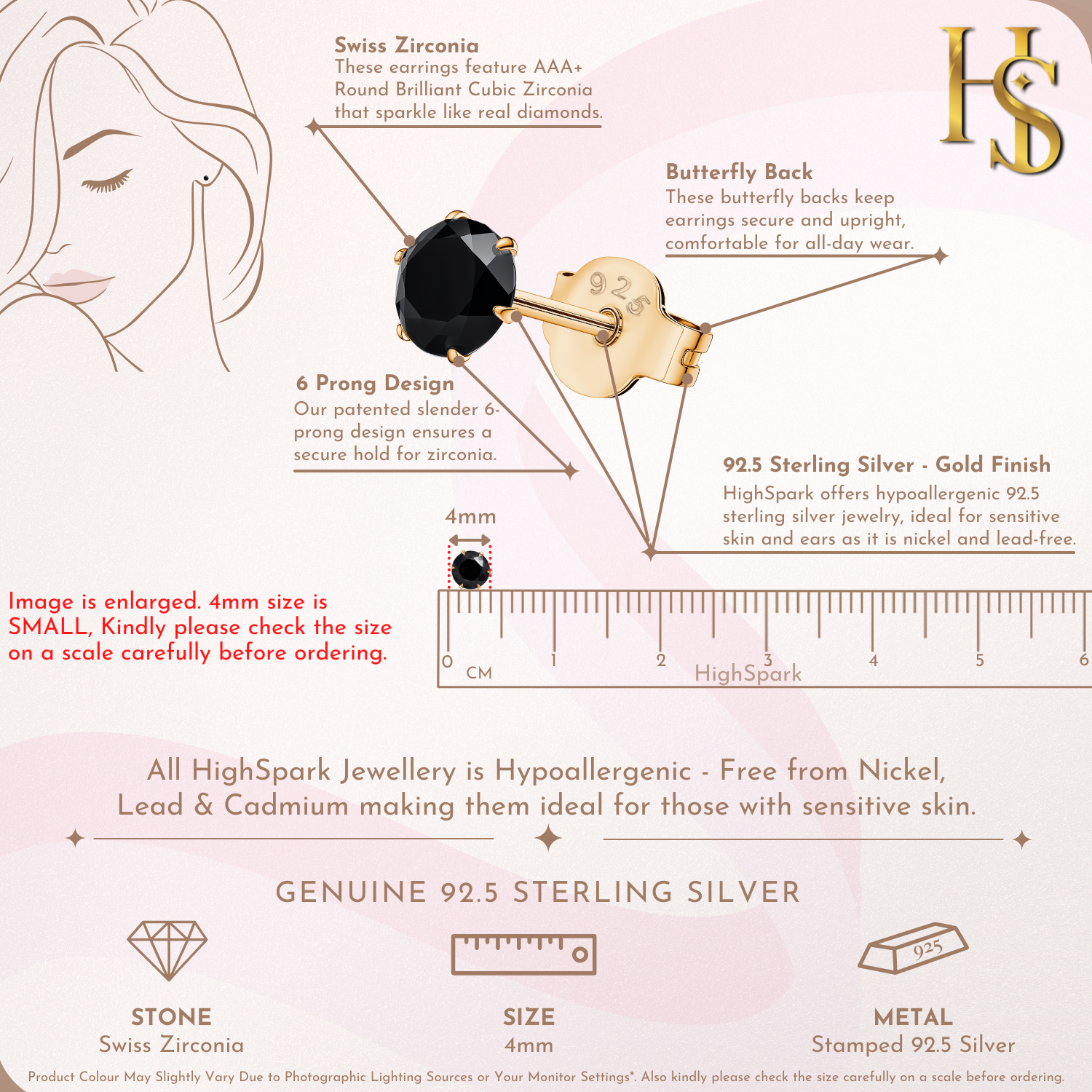 Gold Solitaire Black Round Stud Earrings - 92.5 Silver - Black Brilliant Zirconia Tops - 18k Gold Finish HighSpark
