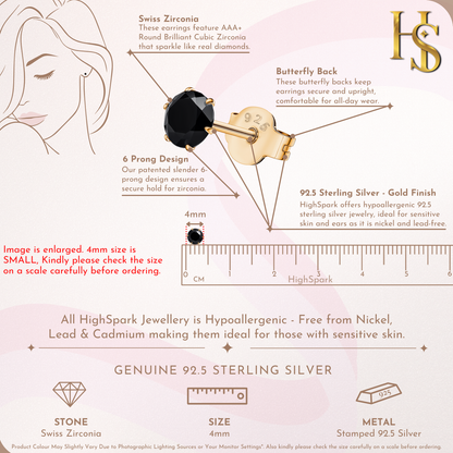 Gold Solitaire Black Round Stud Earrings - 92.5 Silver - Black Brilliant Zirconia Tops - 18k Gold Finish HighSpark