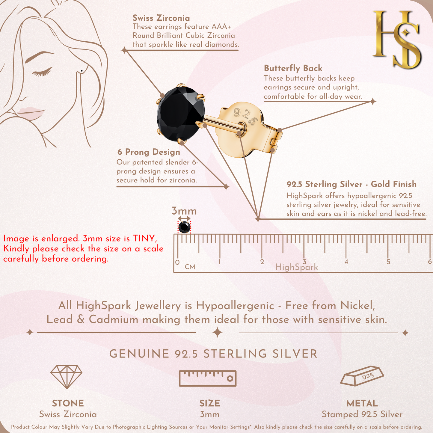 Gold Solitaire Black Round Stud Earrings - 92.5 Silver - Black Brilliant Zirconia Tops - 18k Gold Finish HighSpark