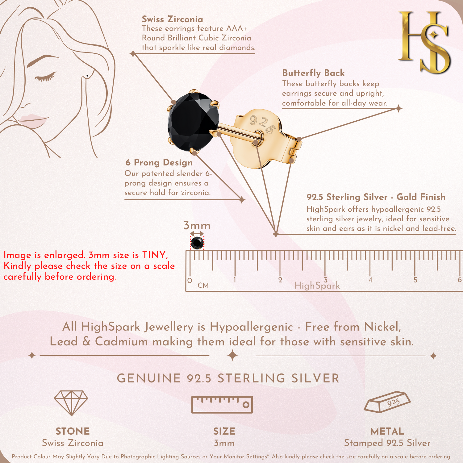 Gold Solitaire Black Round Stud Earrings - 92.5 Silver - Black Brilliant Zirconia Tops - 18k Gold Finish HighSpark