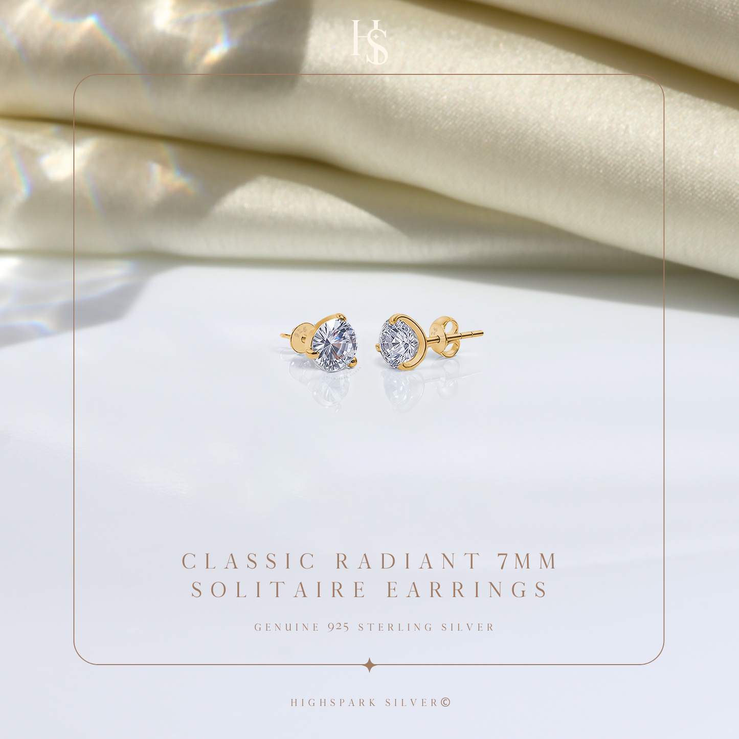 Gold Solitaire Stud Earrings in 92.5 Silver - Sparkling Martini by HighSpark - Sparkling Zirconia in Martini Style 3 Prong Setting HighSpark