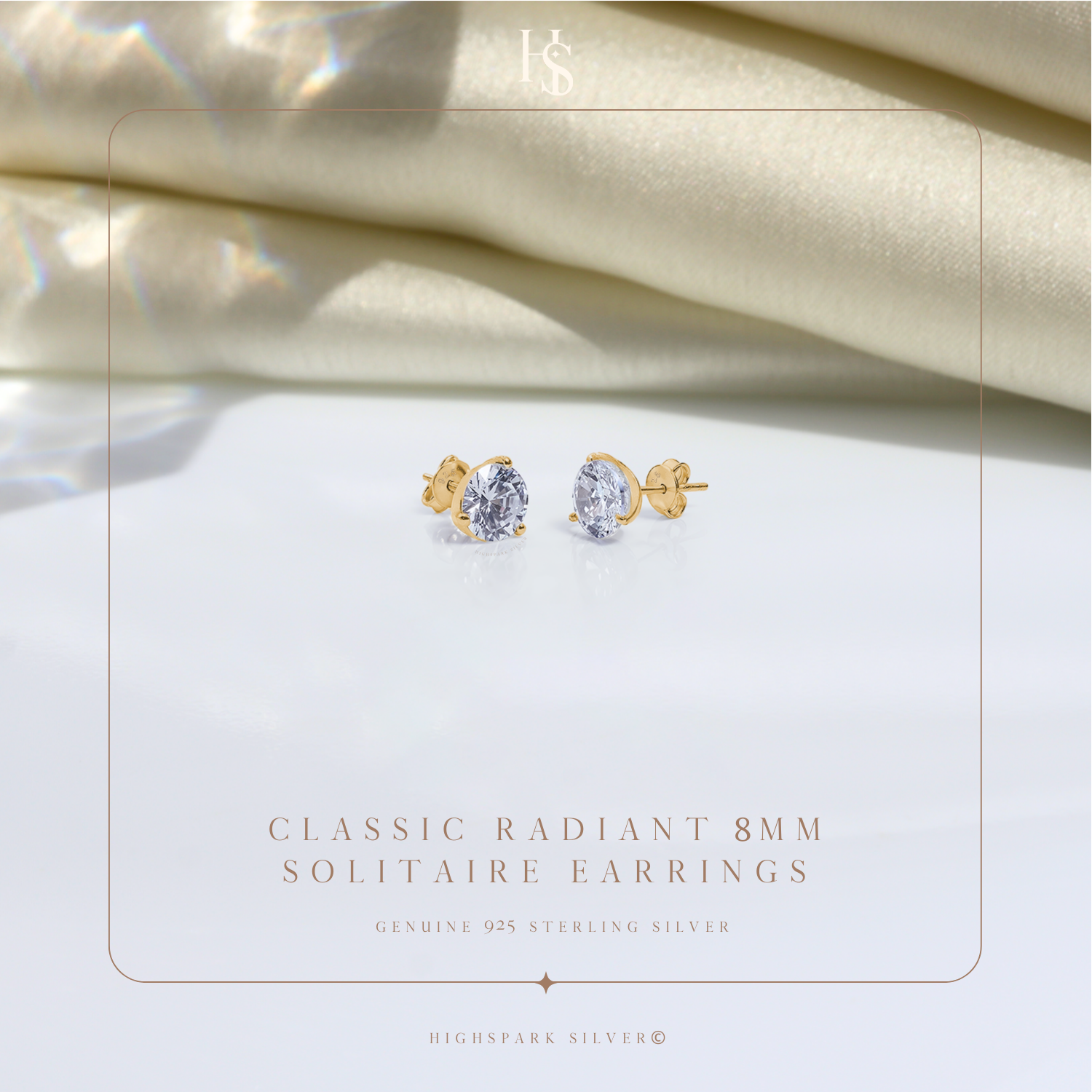 Gold Solitaire Stud Earrings in 92.5 Silver - Sparkling Martini by HighSpark - Sparkling Zirconia in Martini Style 3 Prong Setting HighSpark