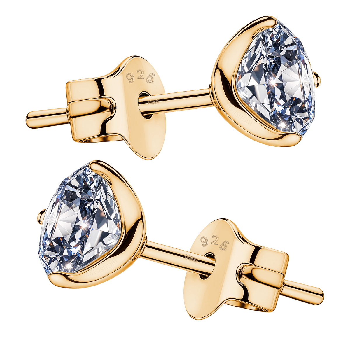 A pair of gold-plated stud earrings with round American diamonds in a three-prong martini setting, shown on a white background.