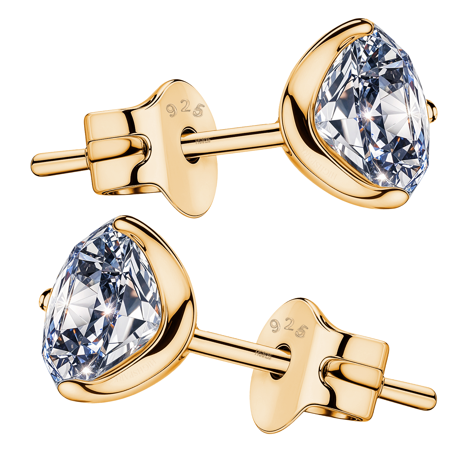 A pair of gold-plated stud earrings with round American diamonds in a three-prong martini setting, shown with their push-back clasps.