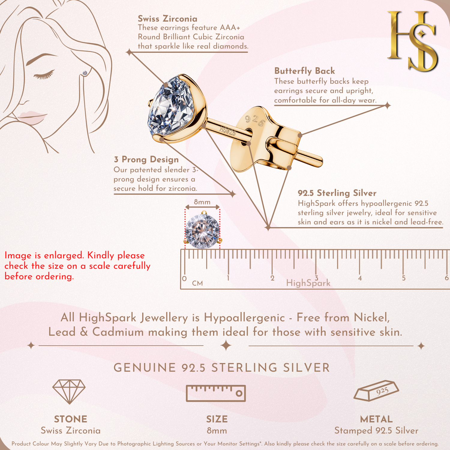 Gold Solitaire Stud Earrings in 92.5 Silver - Sparkling Martini by HighSpark - Sparkling Zirconia in Martini Style 3 Prong Setting HighSpark