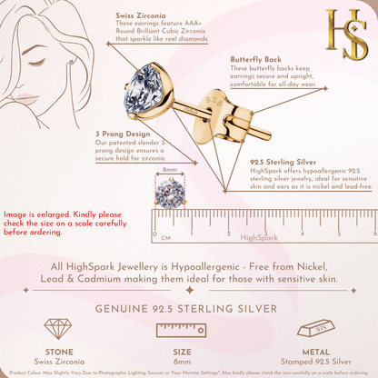 Gold Solitaire Stud Earrings in 92.5 Silver - Sparkling Martini by HighSpark - Sparkling Zirconia in Martini Style 3 Prong Setting HighSpark