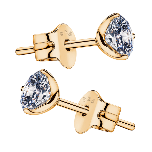 A pair of solitaire stud earrings for men with round American diamonds in a three-prong setting, crafted from gold-plated sterling silver.