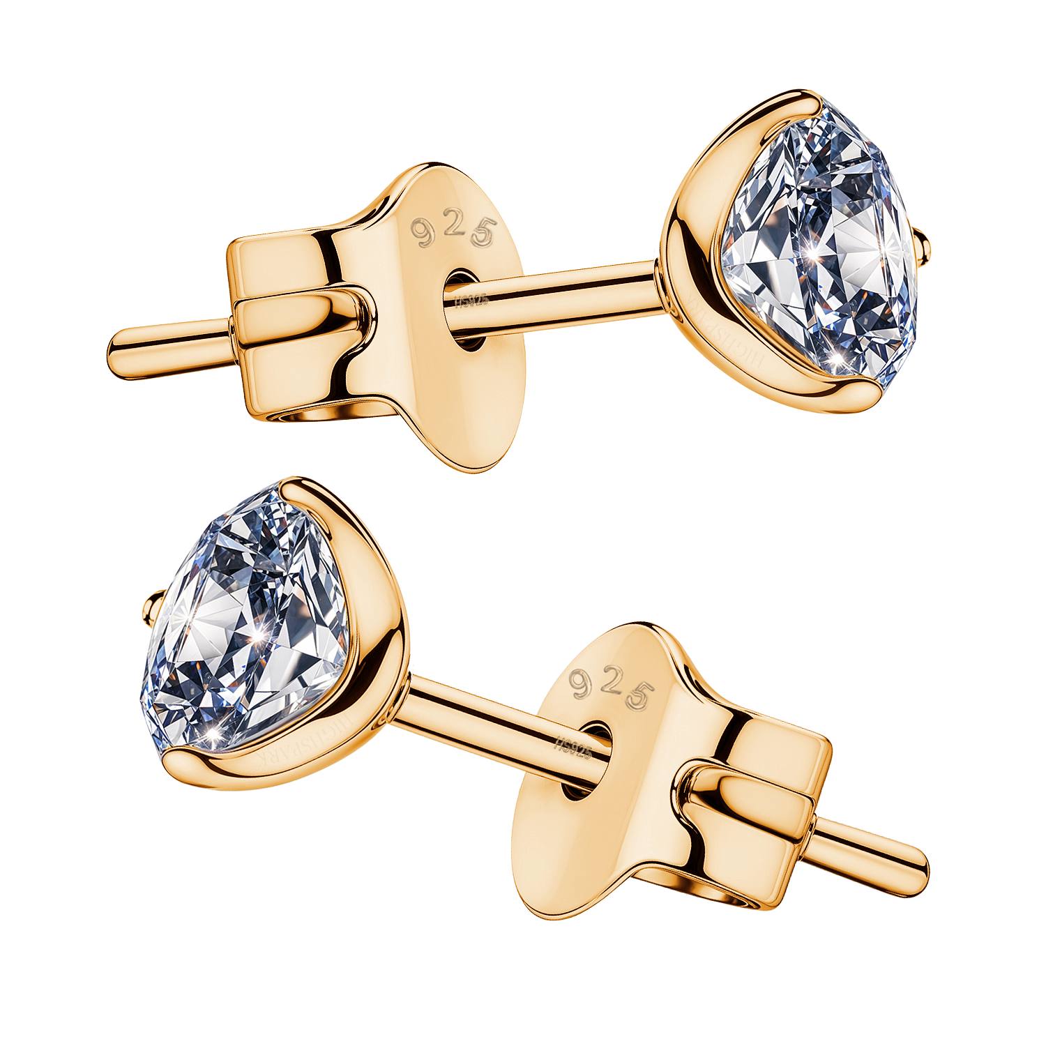 Gold Solitaire Stud Earrings in 92.5 Silver - Sparkling Martini by HighSpark - Sparkling Zirconia in Martini Style 3 Prong Setting HighSpark