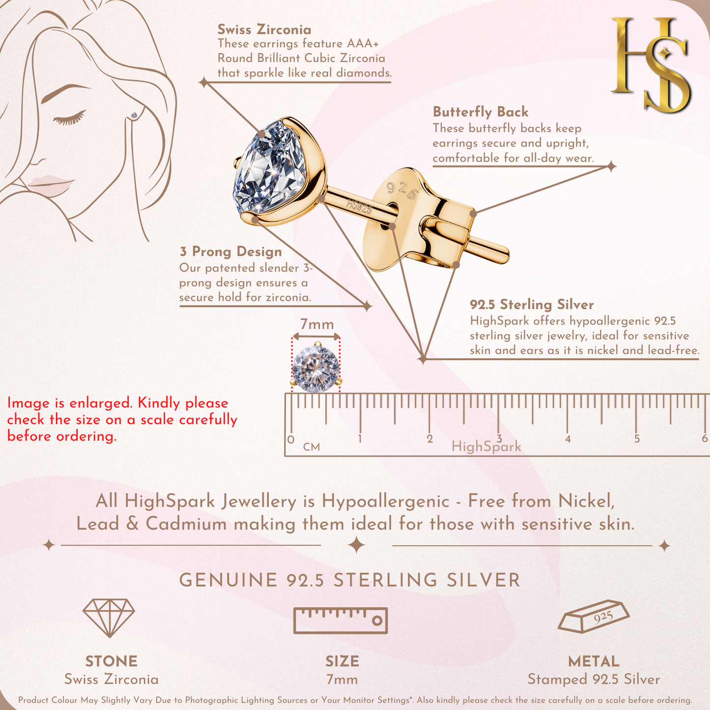 Gold Solitaire Stud Earrings in 92.5 Silver - Sparkling Martini by HighSpark - Sparkling Zirconia in Martini Style 3 Prong Setting HighSpark