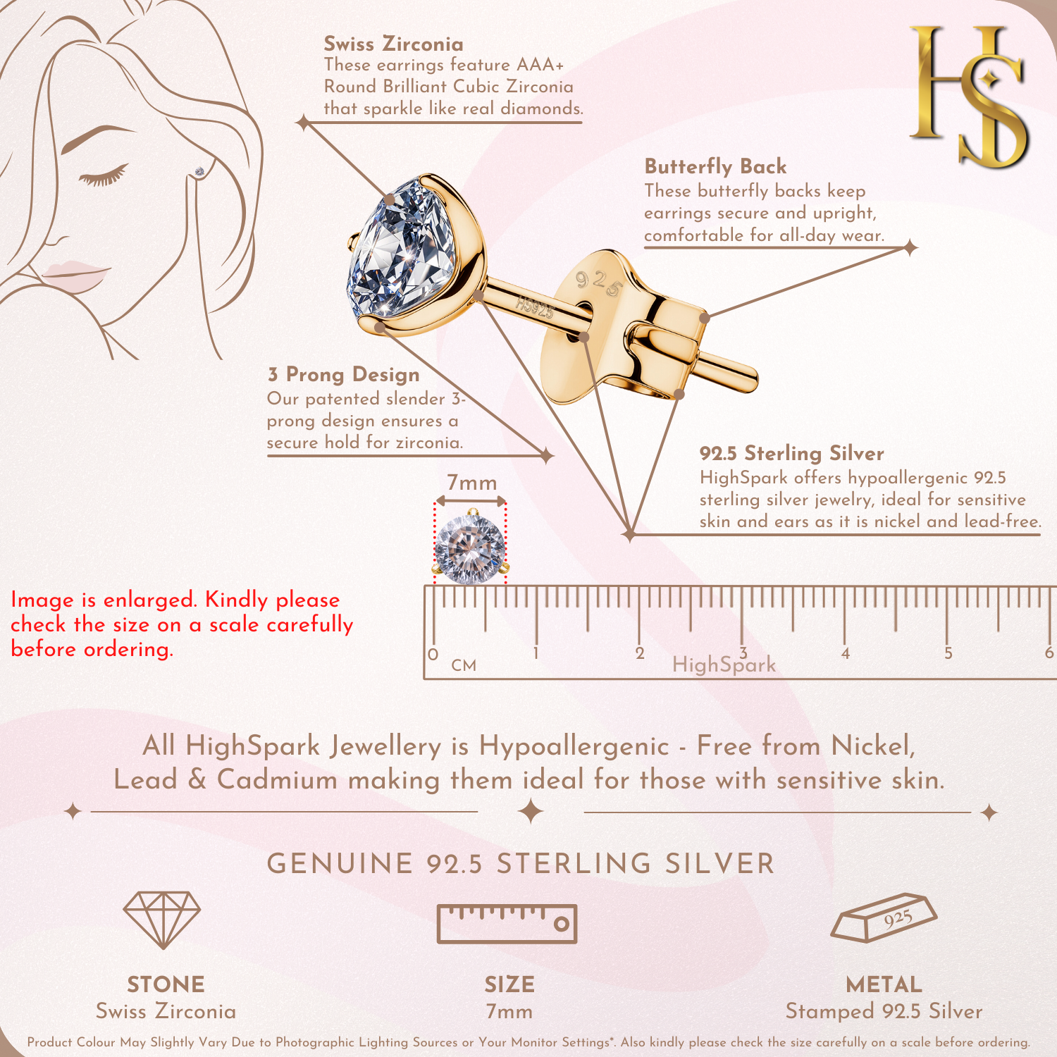Gold Solitaire Stud Earrings in 92.5 Silver - Sparkling Martini by HighSpark - Sparkling Zirconia in Martini Style 3 Prong Setting HighSpark