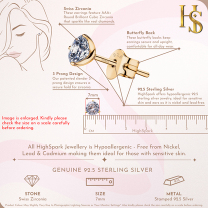 Gold Solitaire Stud Earrings in 92.5 Silver - Sparkling Martini by HighSpark - Sparkling Zirconia in Martini Style 3 Prong Setting HighSpark