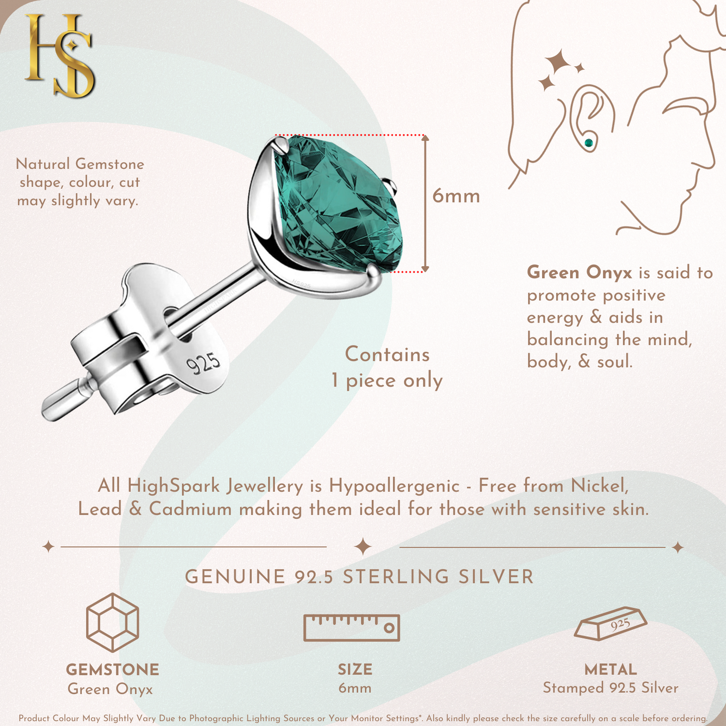 Green Onyx Gemstone Stud Earrings in 925 Sterling Silver for Men HighSpark