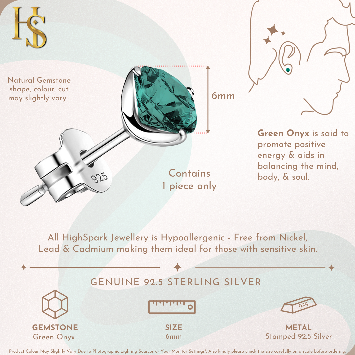 Green Onyx Gemstone Stud Earrings in 925 Sterling Silver for Men HighSpark