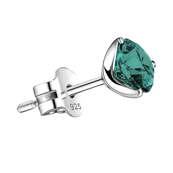 A single stud earring with a round, faceted green onyx gemstone in a three-prong setting with a push-back, all in sterling silver.