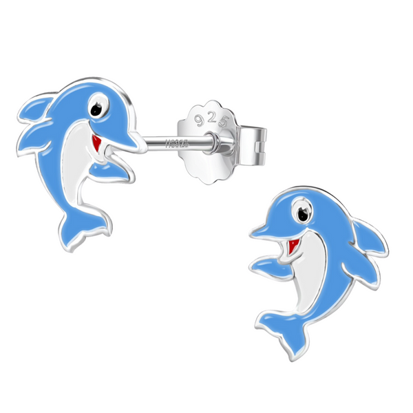 A pair of sterling silver stud earrings in a happy dolphin shape with blue, white, and red enamel, shown with a push-back clasp.