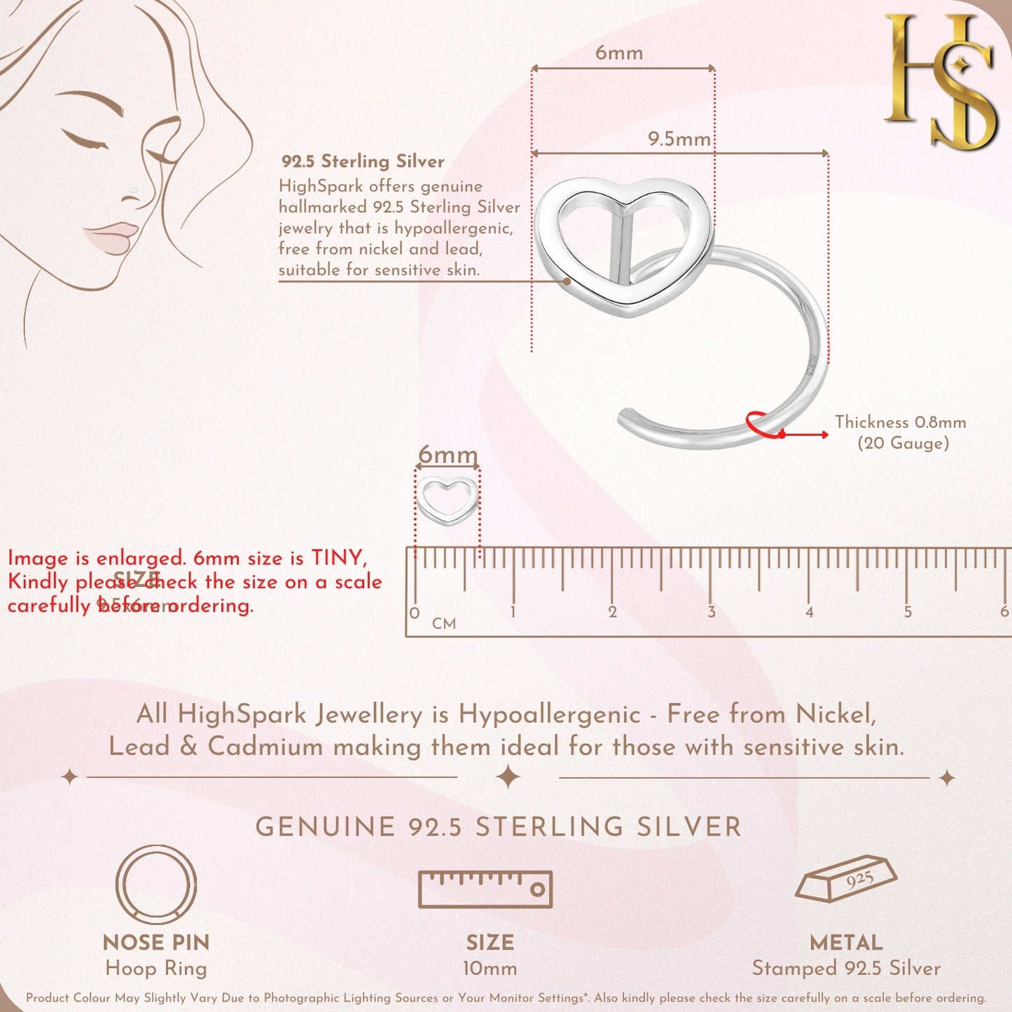 Heart Nose Pin in 92.5 Sterling Silver for Women HighSpark
