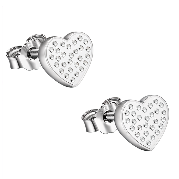 A pair of heart-shaped stud earrings in sterling silver, pavé-set with tiny American diamonds and shown with their push-back clasps.