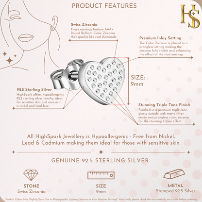 Heart Stud Earrings in 925 Sterling Silver for Women With Diamond like Brilliance Zirconia HighSpark