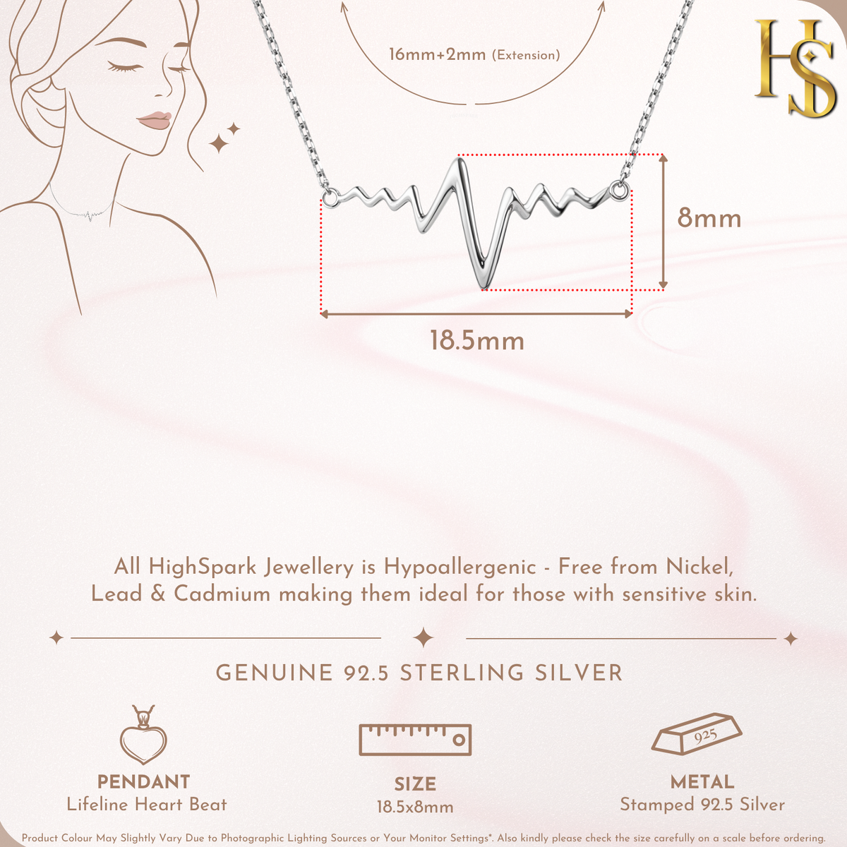 An infographic showing the dimensions of a sterling silver lifeline heartbeat pendant necklace, measuring 18.5mm by 8mm.