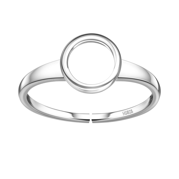 An adjustable ring with a hollow circle motif in polished sterling silver, shown on a white background.