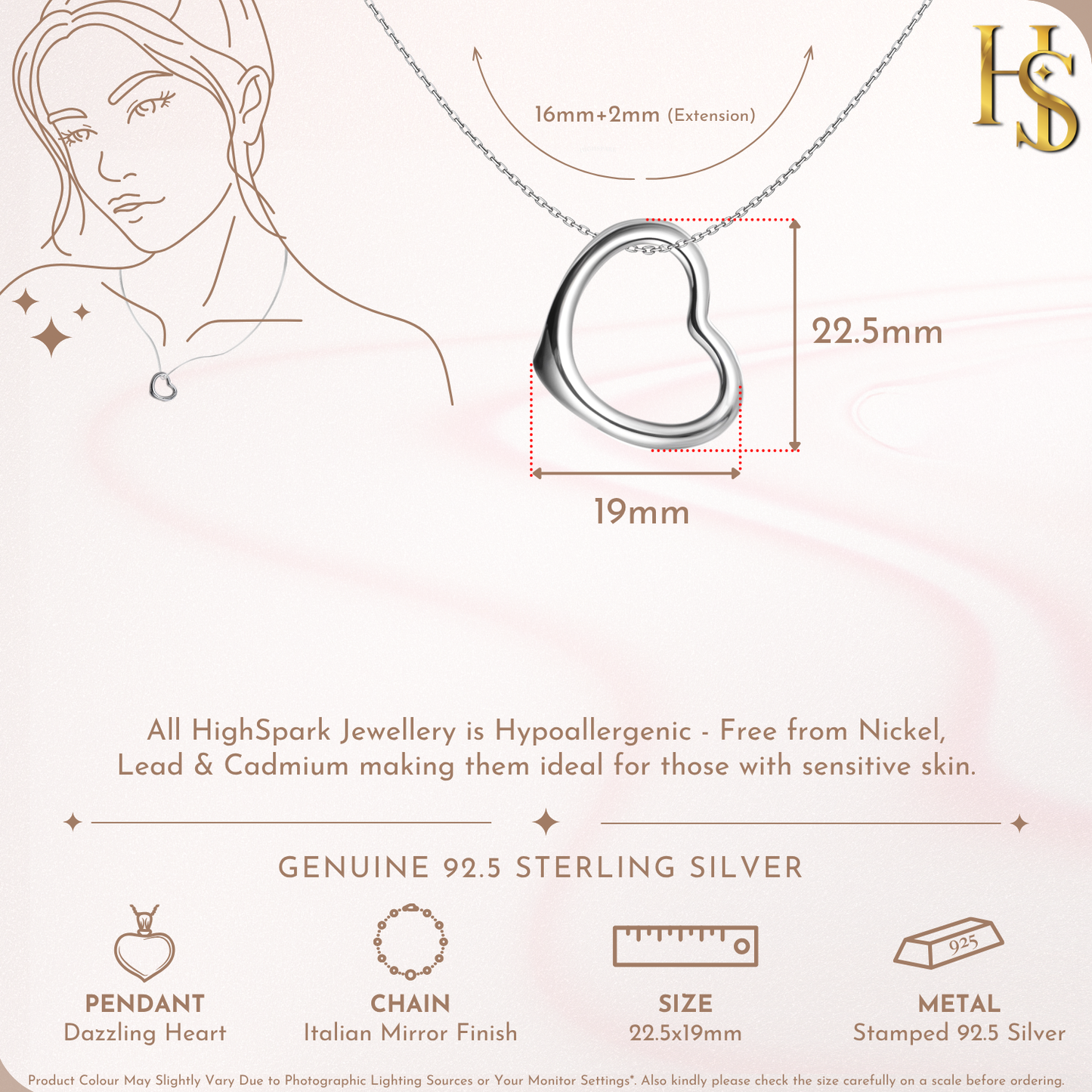 Hollow Heart Pendant Necklace in 92.5 Silver HighSpark