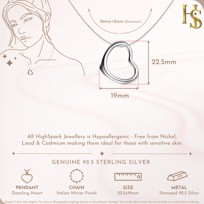 Hollow Heart Pendant Necklace in 92.5 Silver HighSpark