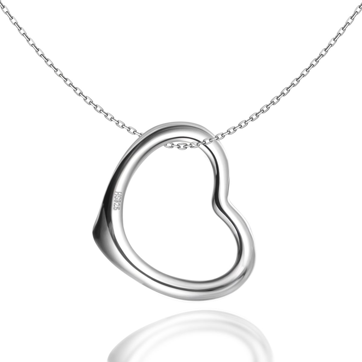 A sterling silver pendant necklace with a polished, open-frame heart on a delicate chain, shown on a white background.
