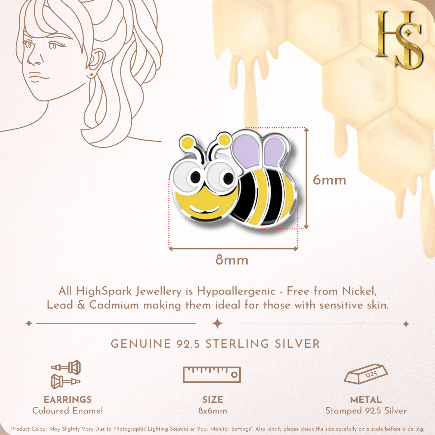 Honeybee Delight Cute Enamel Stud Earrings in 925 Sterling Silver HighSpark