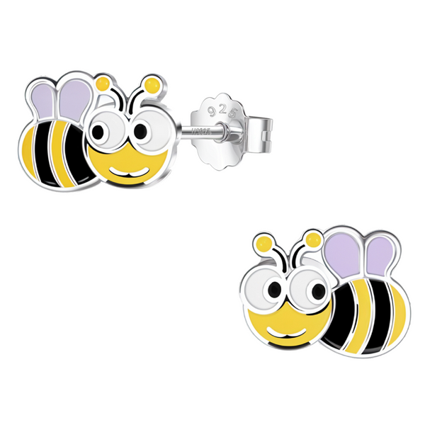 A pair of cartoon honeybee stud earrings with yellow, black, and lavender enamel, set in sterling silver with a push-back clasp.