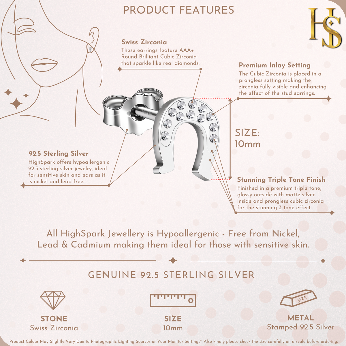 Infographic showing the features of a horseshoe stud earring, including its 10mm size, American diamond inlay, and sterling silver metal.
