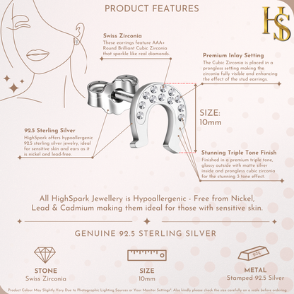 Infographic showing the features of a horseshoe stud earring, including its 10mm size, American diamond inlay, and sterling silver metal.
