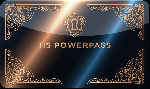 A graphic for a digital coupon shows a glossy black card with gold-tone filigree corners, a keyhole emblem, and the text "HS POWERPASS".