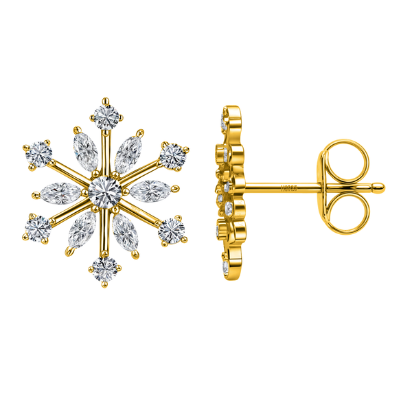 A pair of gold-plated stud earrings in a snowflake design with marquise and round-cut American diamonds, shown on a white background.