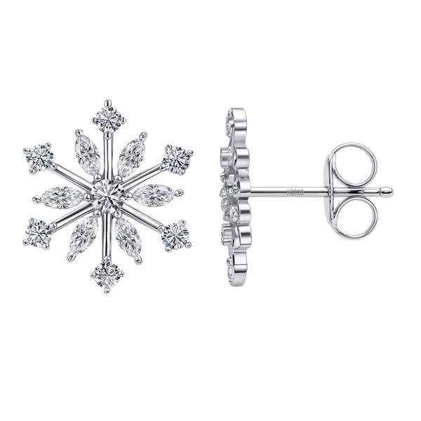 A pair of snowflake stud earrings with marquise and round-cut American diamonds in sterling silver.