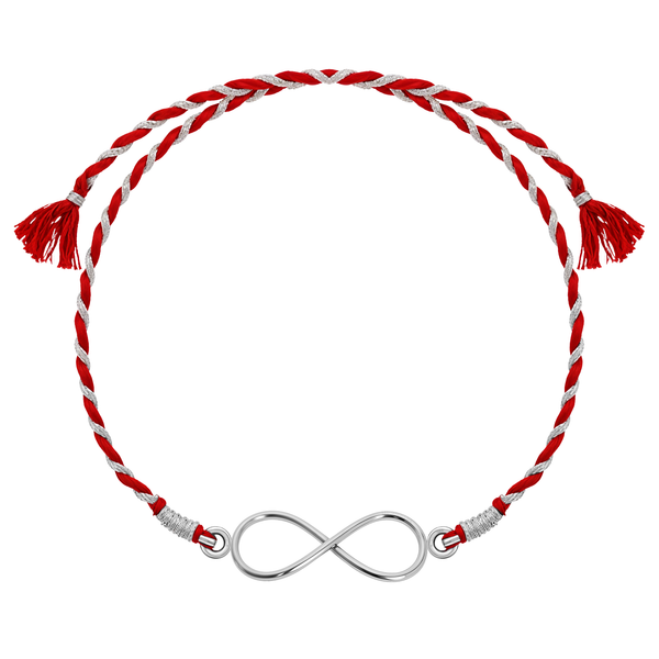 A 925 sterling silver rakhi for a brother featuring an infinity knot centerpiece on a braided red and silver thread.