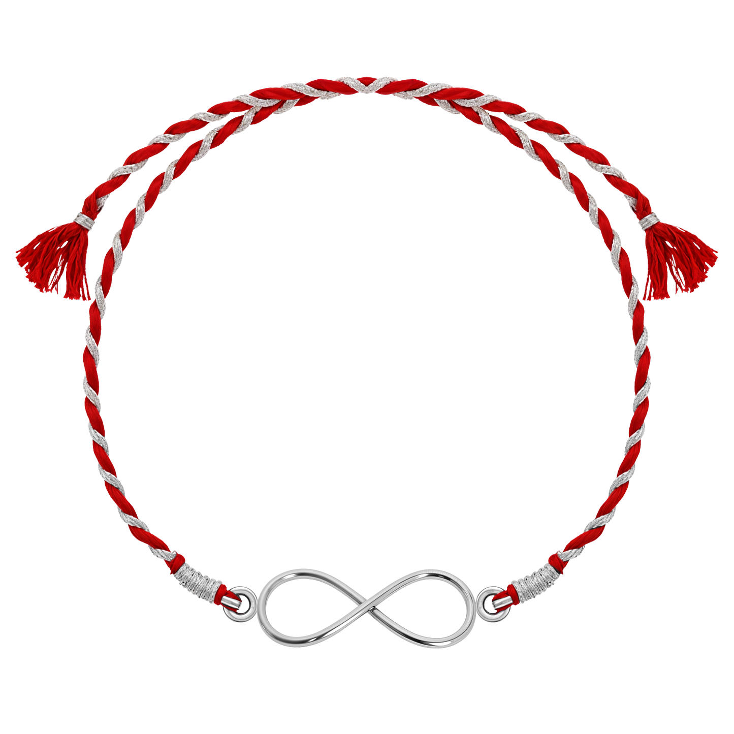 A 925 sterling silver rakhi for a brother featuring an infinity knot centerpiece on a braided red and silver thread.