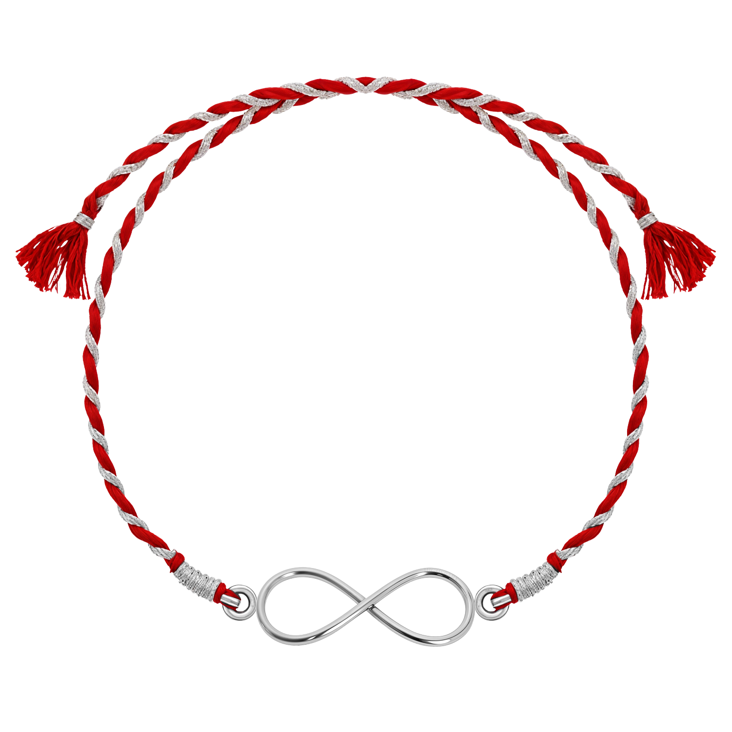 A 925 sterling silver rakhi for a brother featuring an infinity knot centerpiece on a braided red and silver thread.