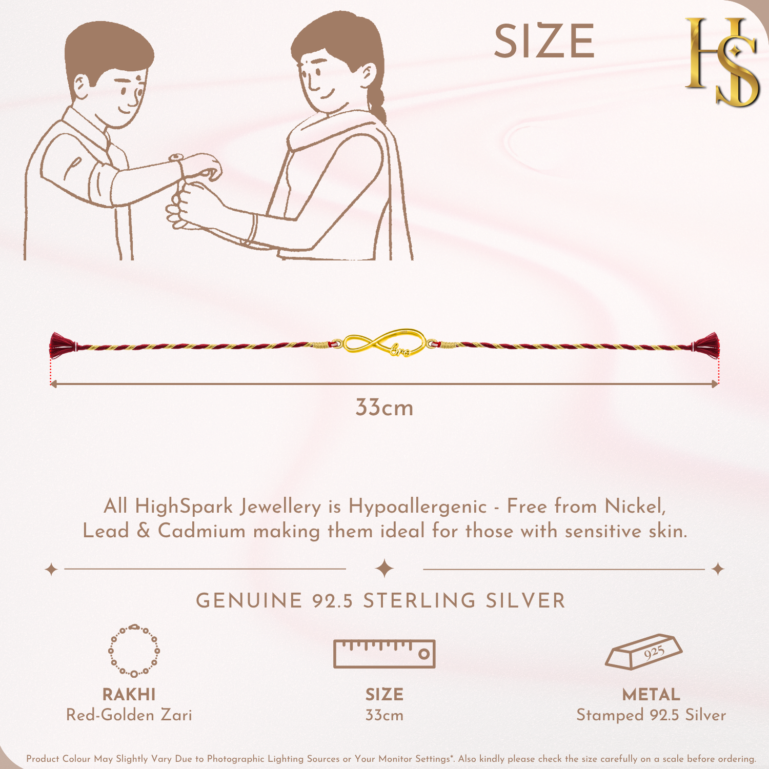 An 18K gold-plated 925 sterling silver rakhi for brother with an infinity knot centrepiece on a red and gold twisted thread.
