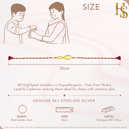 An 18K gold-plated 925 sterling silver rakhi for brother with an infinity knot centrepiece on a red and gold twisted thread.